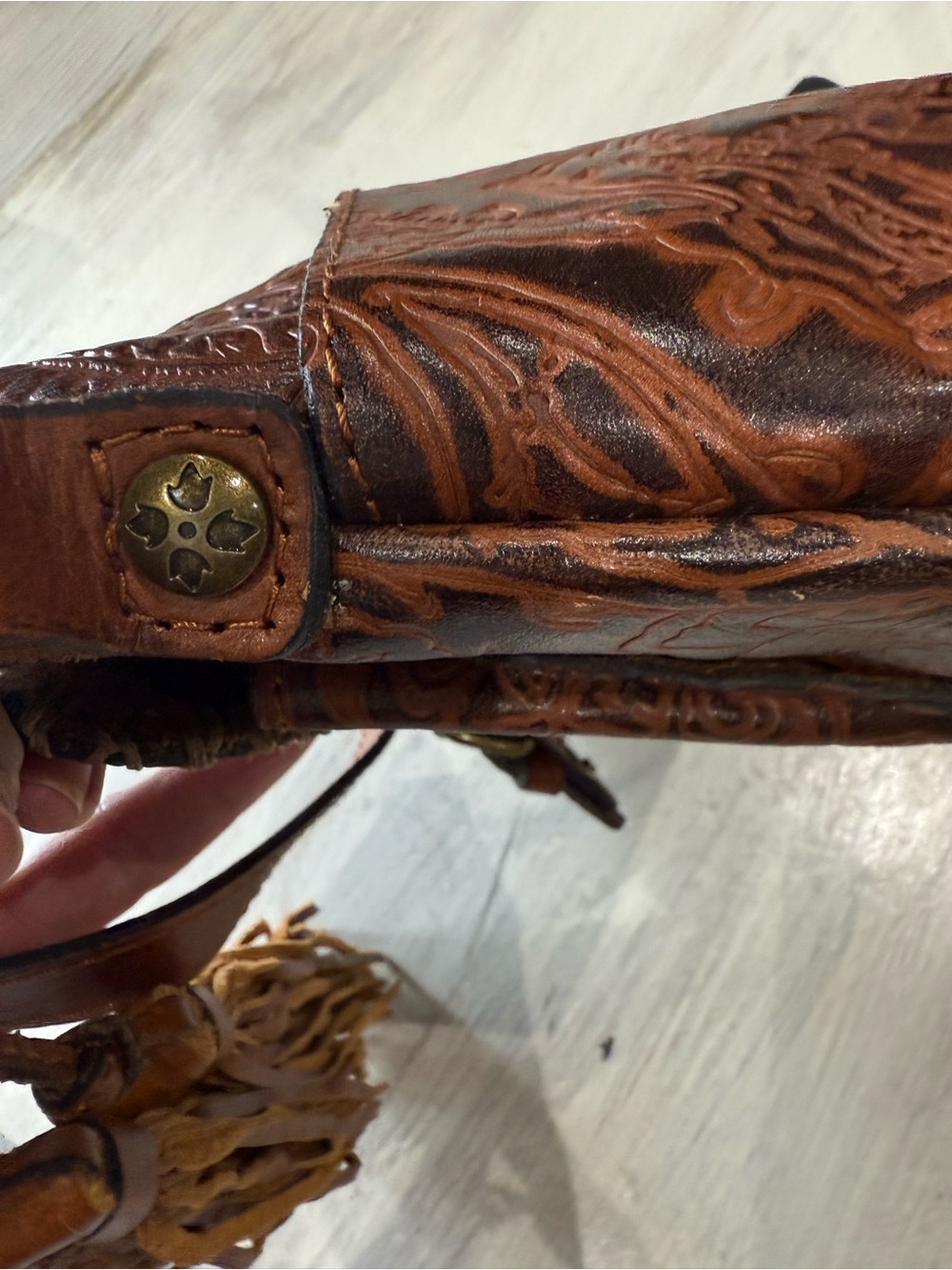 Patricia Nash Chestnut Tooled Leather Crossbody with Tassel - Picture 12 of 13